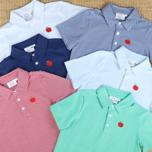 Embroidered Apple Knit Polo - Light Blue Thin Stripe