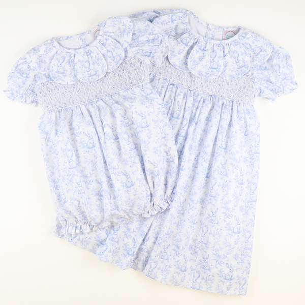 Petal Collar Smocked Dress- Blue Bunny Toile