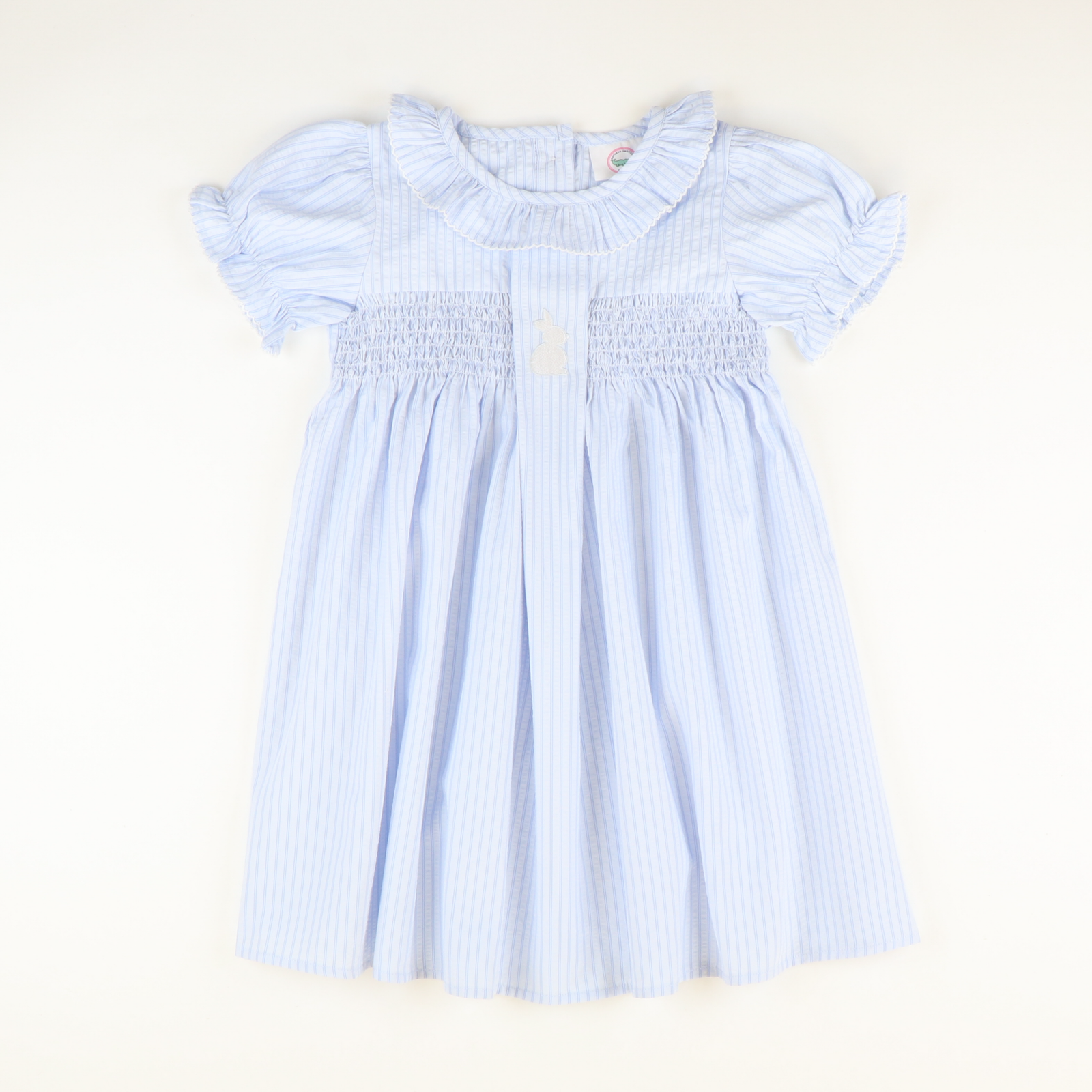 Embroidered Silhouette Bunny Smocked Geo Dress - Blue Stripe Seersucker