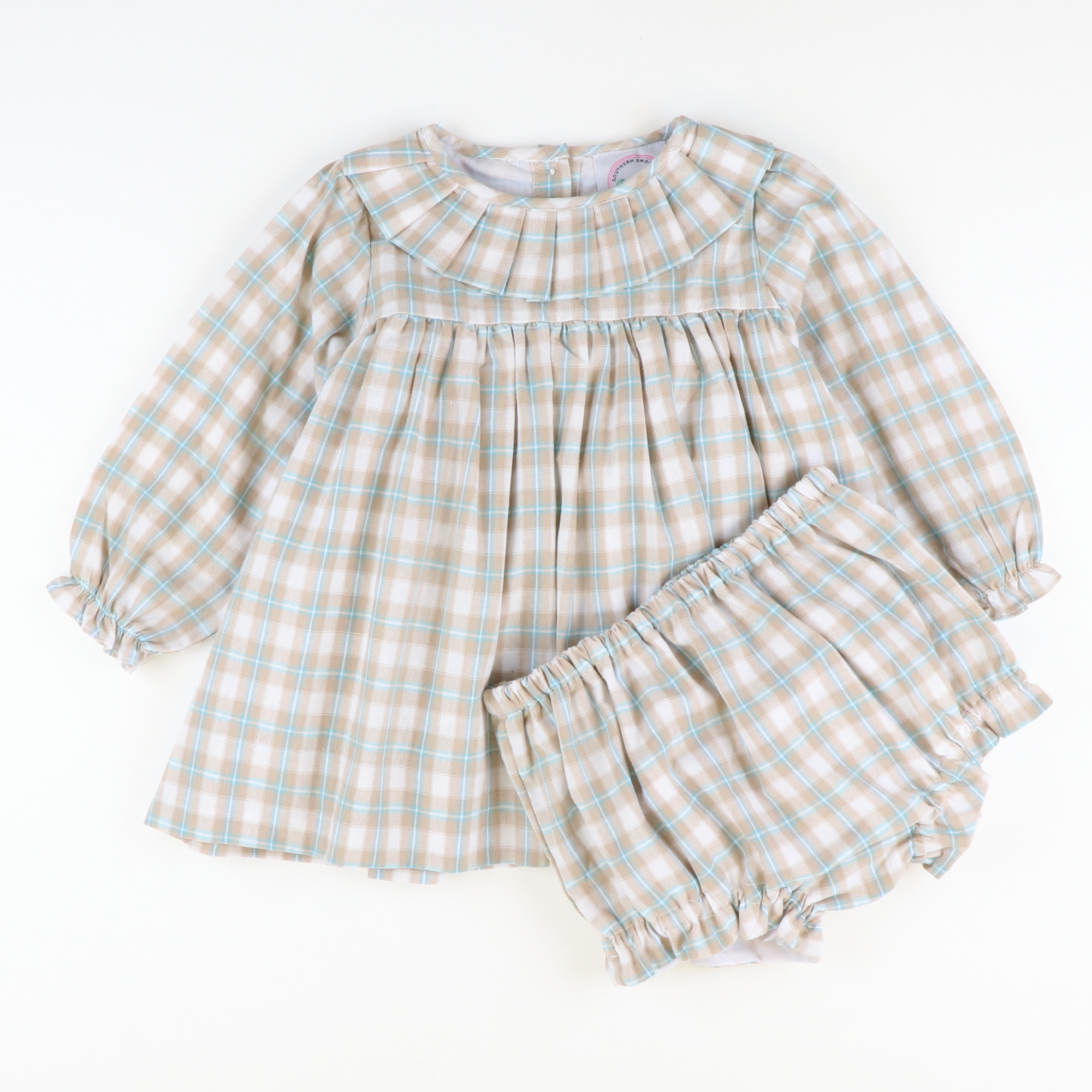 Pleated Ruffle Collar Set - Khaki & Teal Plaid