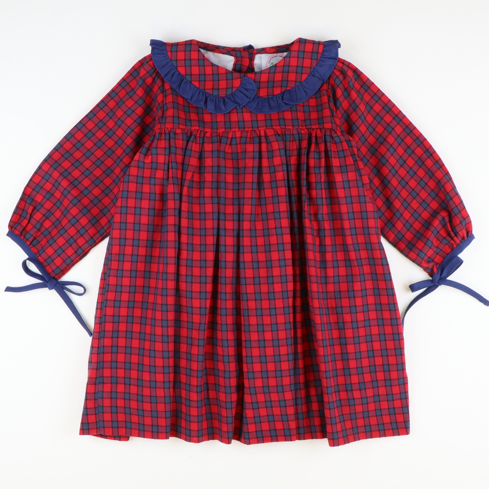 Plaid Pleated Ruffle Collar Dress - Navy & Red Flannel