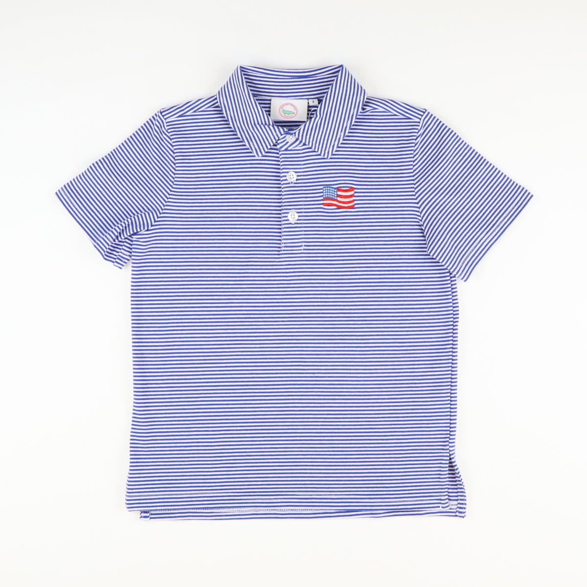 Embroidered Flag Knit Polo - Royal Blue Thin Stripe