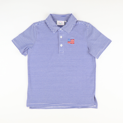 Embroidered Flag Knit Polo - Royal Blue Thin Stripe