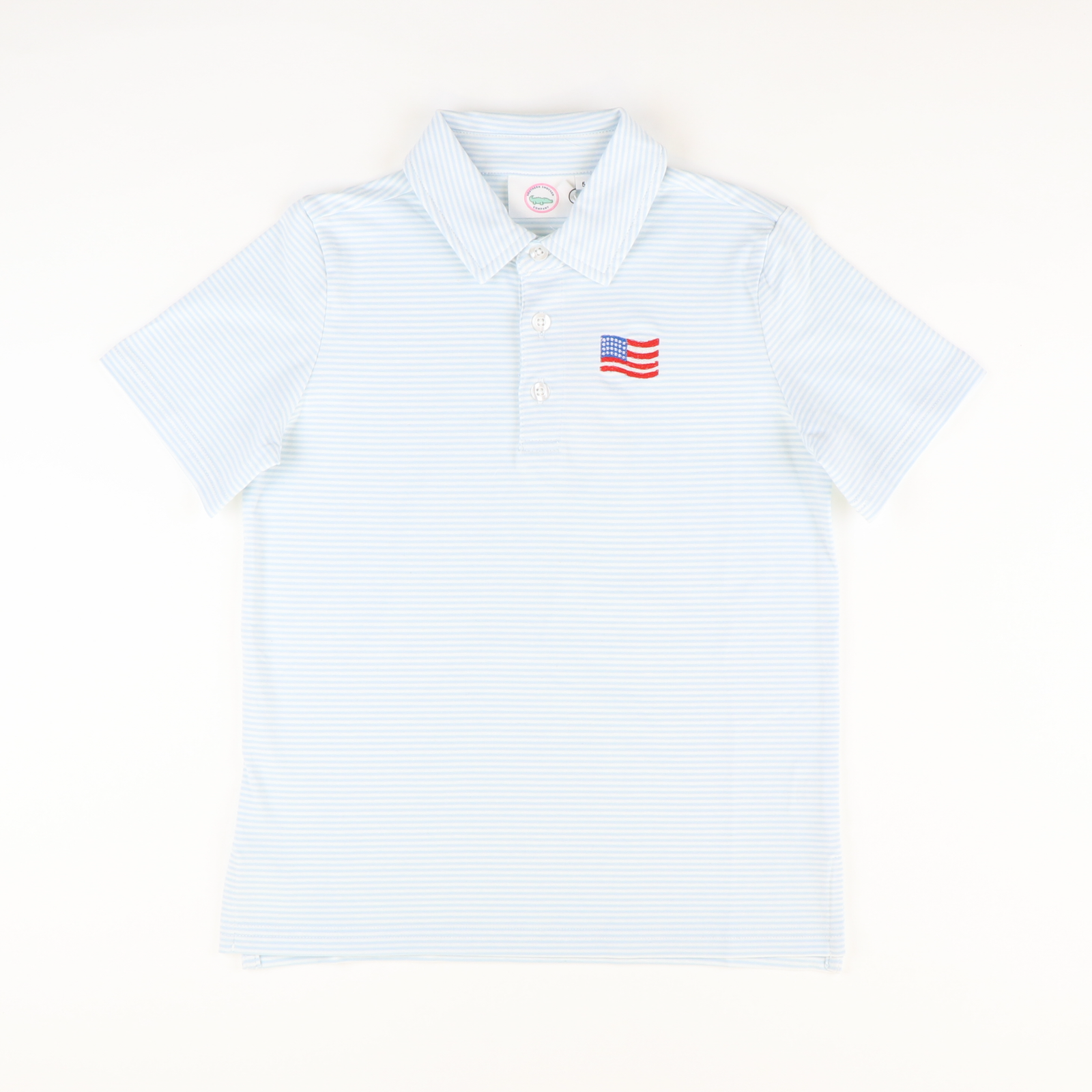 Embroidered Flag Knit Polo - Light Blue Thin Stripe