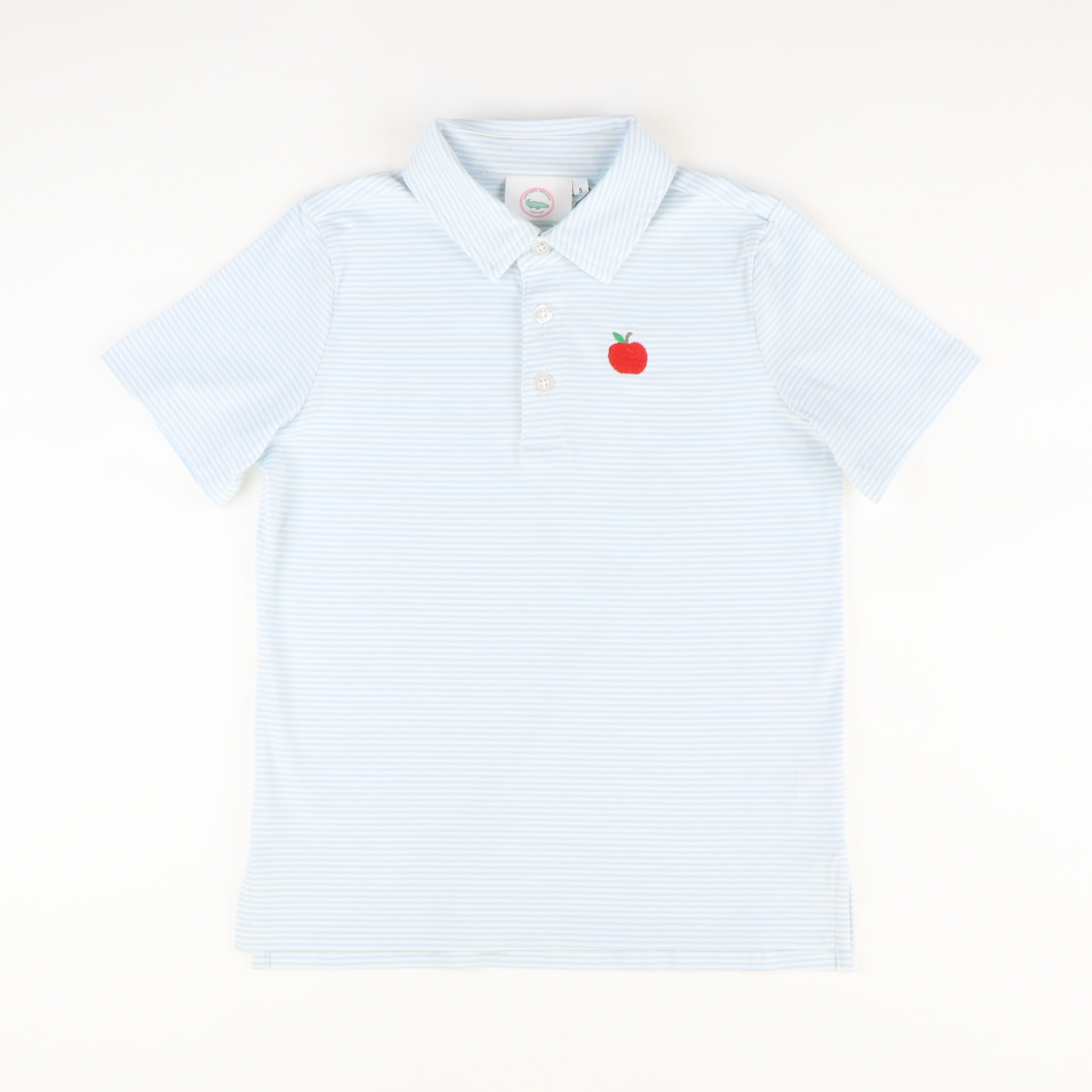 Embroidered Apple Knit Polo -  Light Blue Thin Stripe