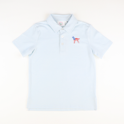 Embroidered Patriotic Labrador Knit Polo -  Light Blue Thin Stripe