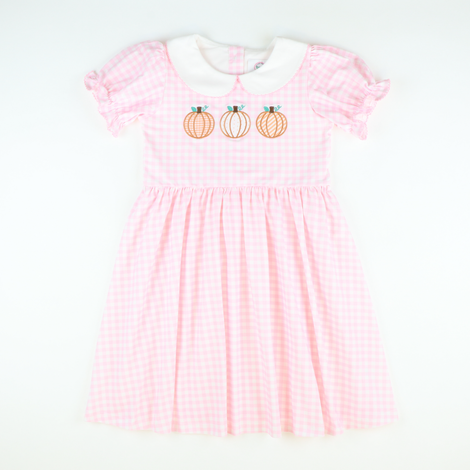 Pumpkin Trio Appliqué Collared Dress- Light Pink Check Knit