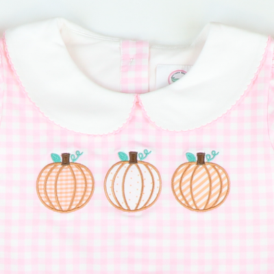 Pumpkin Trio Appliqué Collared Dress- Light Pink Check Knit