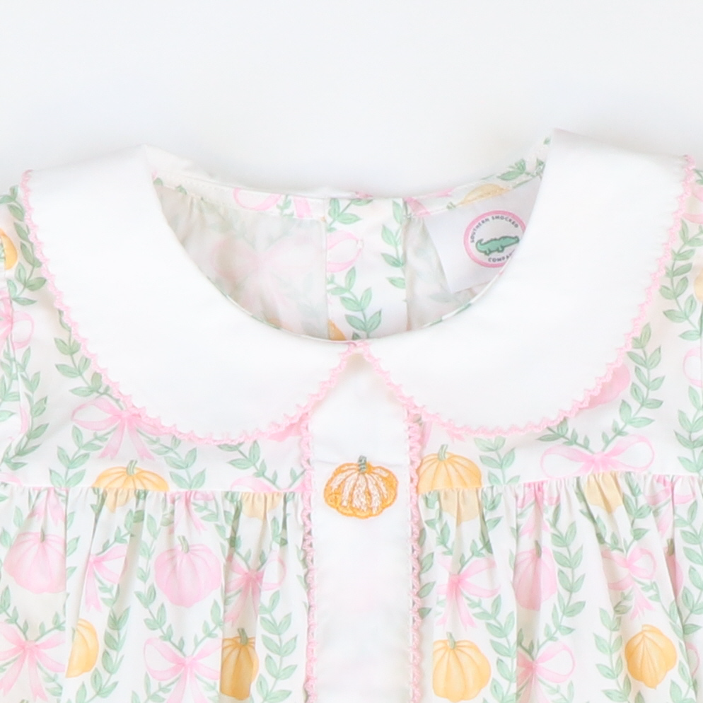 Embroidered Pink & Orange Pumpkins Collared Dress-  Pumpkin Pink Bow Trellis