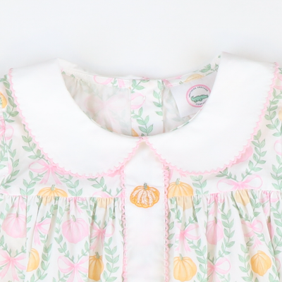 Embroidered Pink & Orange Pumpkins Collared Dress- Pumpkin Pink Bow Trellis