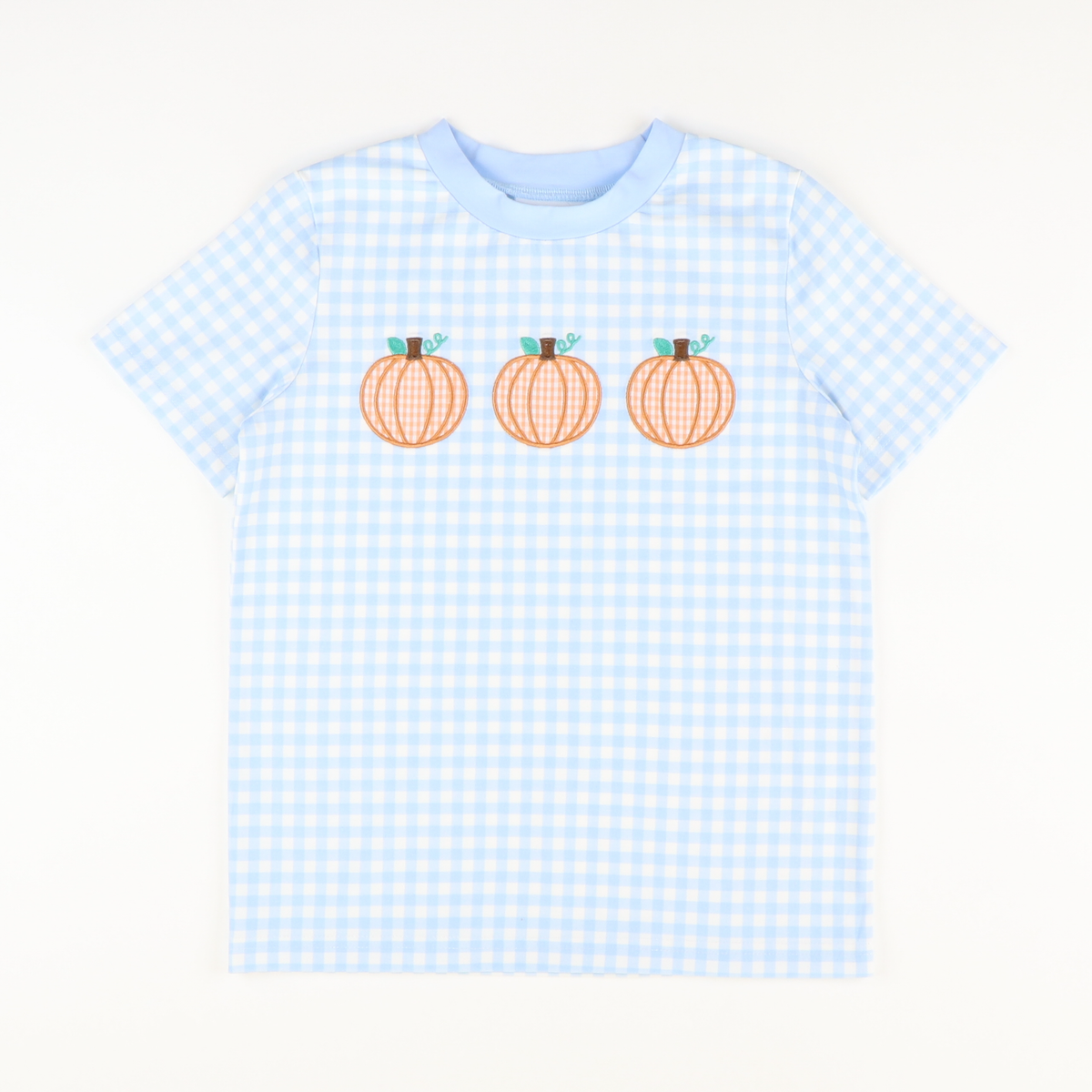 Pumpkin Trio Appliqué T-Shirt - Light Blue Check Knit