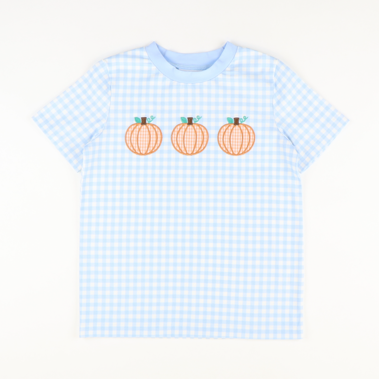 Pumpkin Trio Appliqué T-Shirt - Light Blue Check Knit
