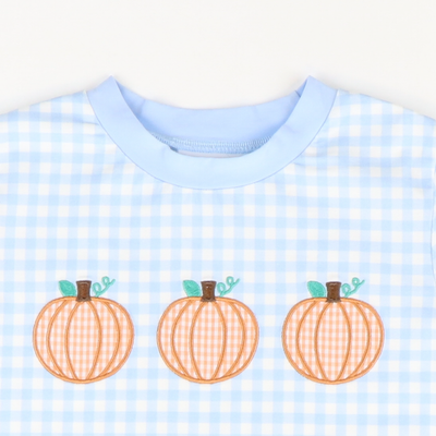 Pumpkin Trio Appliqué T-Shirt - Light Blue Check Knit