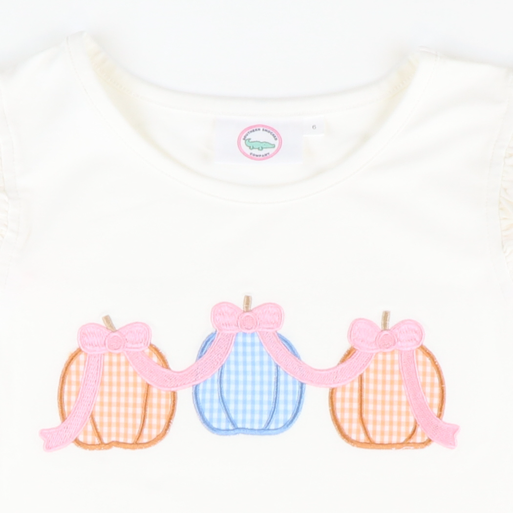 Pumpkin Pink Bow Trio Appliqué Flutter Top - White Knit