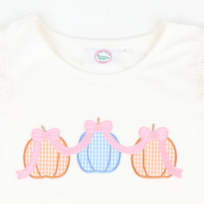 Pumpkin Pink Bow Trio Appliqué Flutter Top - White Knit
