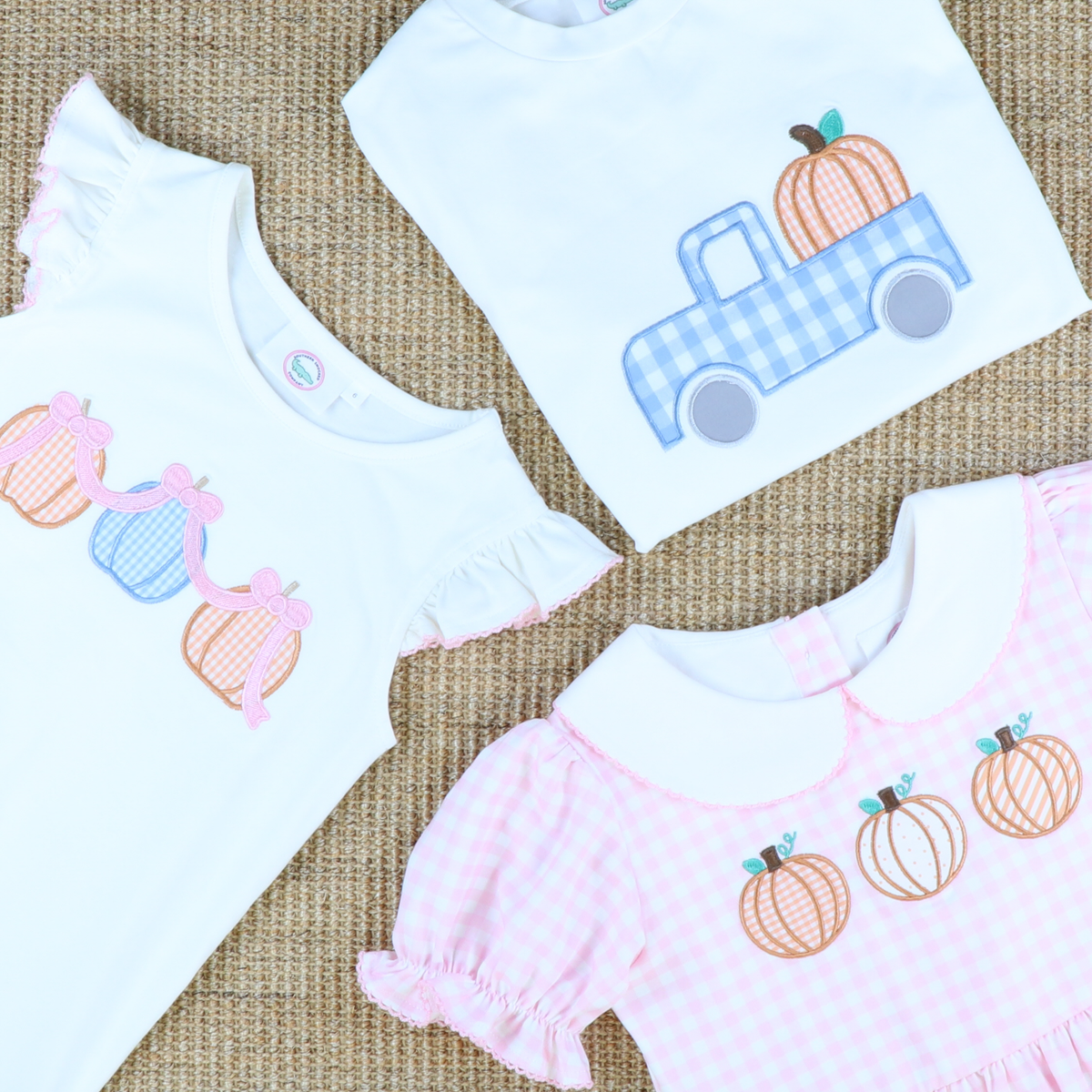 Pumpkin Trio Appliqué Collared Dress- Light Pink Check Knit