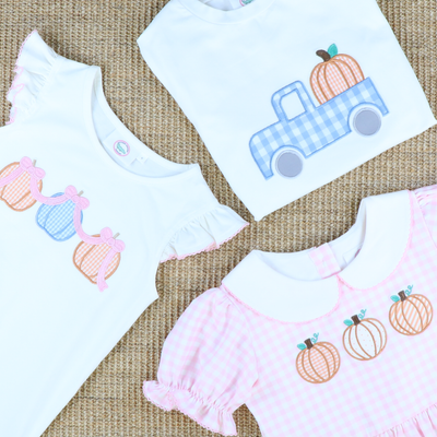Pumpkin Trio Appliqué Collared Dress- Light Pink Check Knit