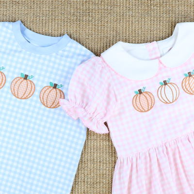 Pumpkin Trio Appliqué Collared Dress- Light Pink Check Knit