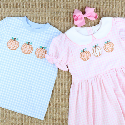 Pumpkin Trio Appliqué Collared Dress- Light Pink Check Knit
