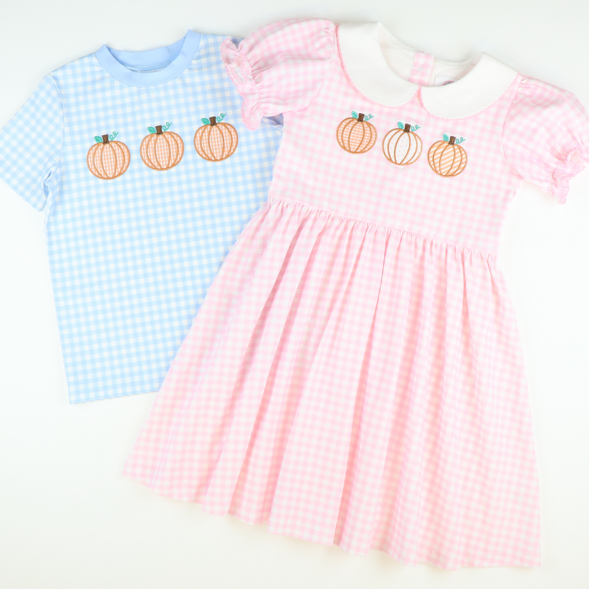 Pumpkin Trio Appliqué Collared Dress- Light Pink Check Knit