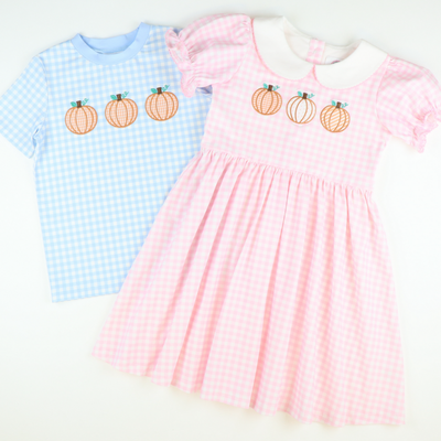 Pumpkin Trio Appliqué Collared Dress- Light Pink Check Knit