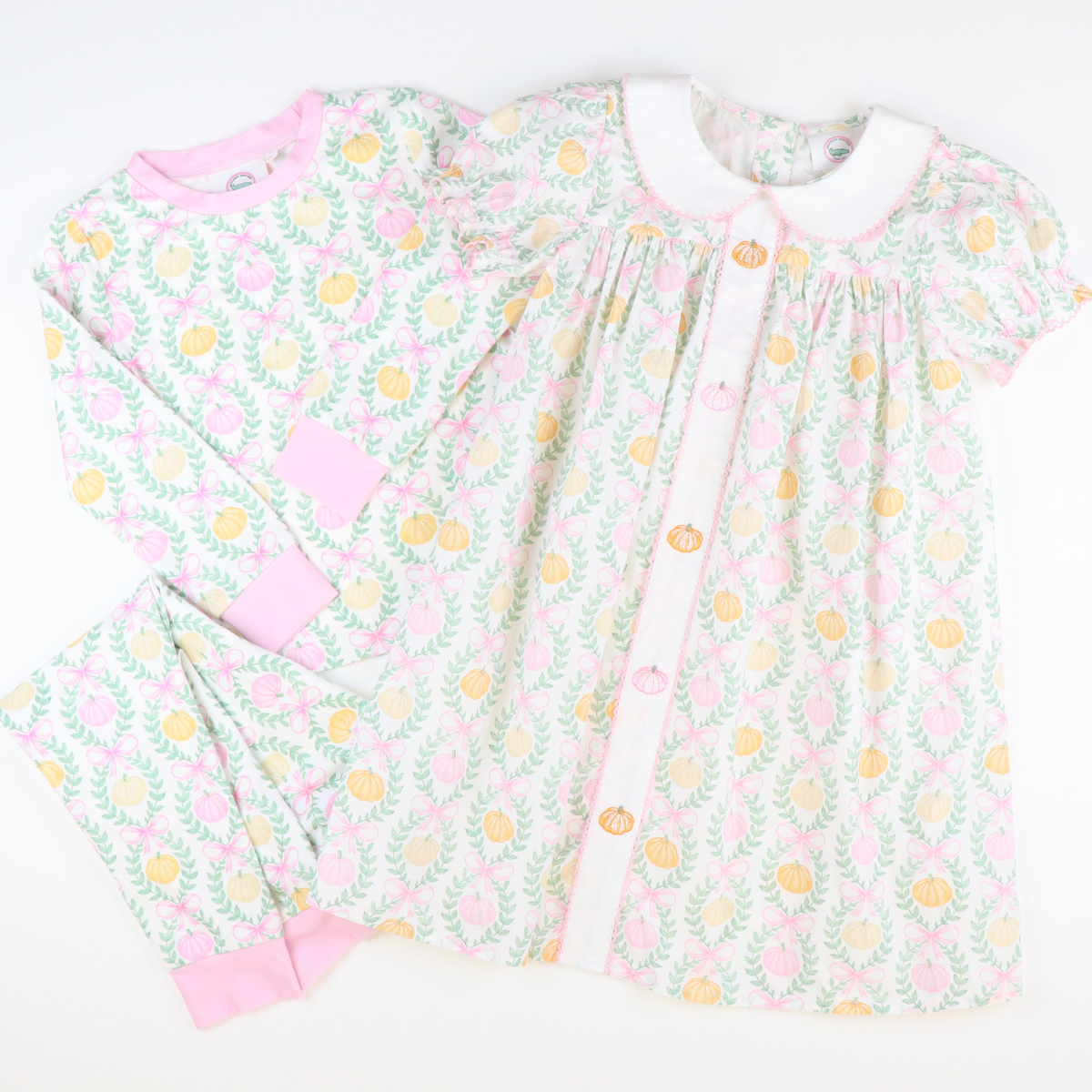 Embroidered Pink & Orange Pumpkins Collared Dress-  Pumpkin Pink Bow Trellis