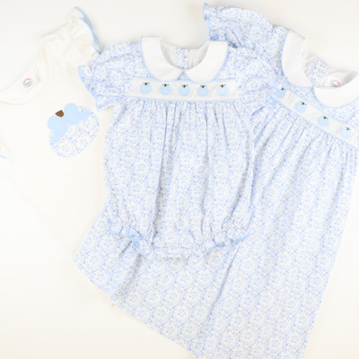 Embroidered Tiny Blue Pumpkins Dress - Blue Chinoiserie