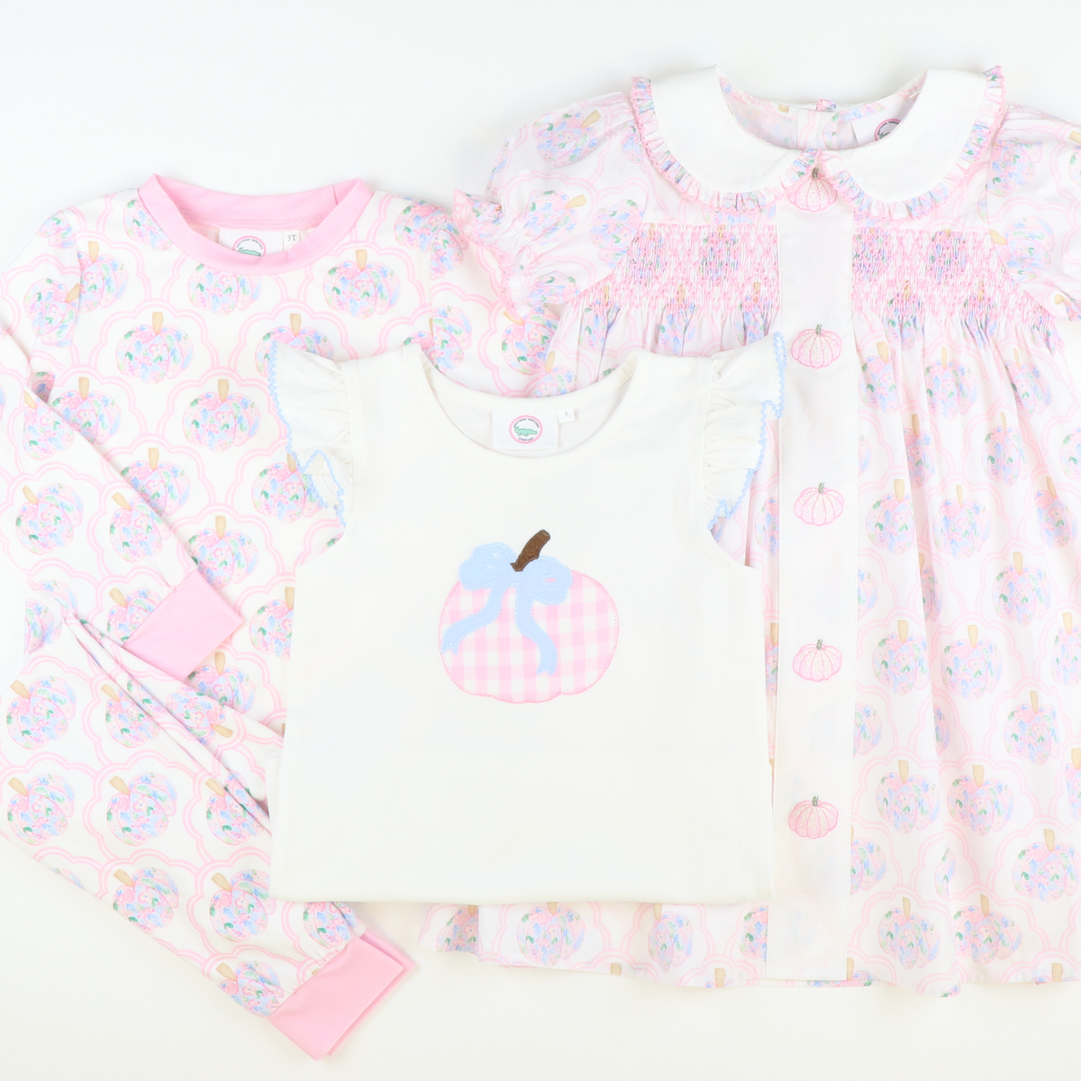 Light Pink Check Pumpkin Appliqué Flutter Top - White Knit