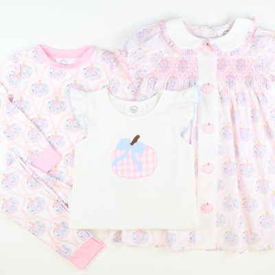 Light Pink Check Pumpkin Appliqué Flutter Top - White Knit