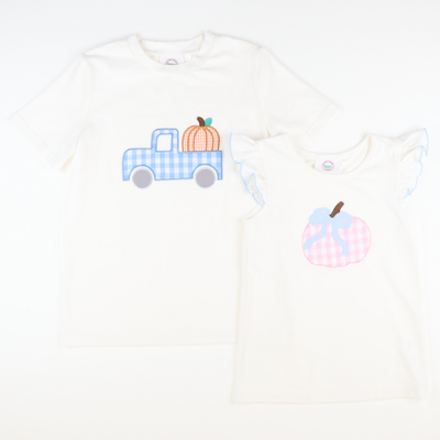 Pumpkin & Truck Appliqué Shirt - White Knit