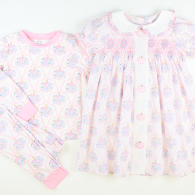 Embroidered Pink Pumpkins Dress - Scalloped Floral Pumpkins