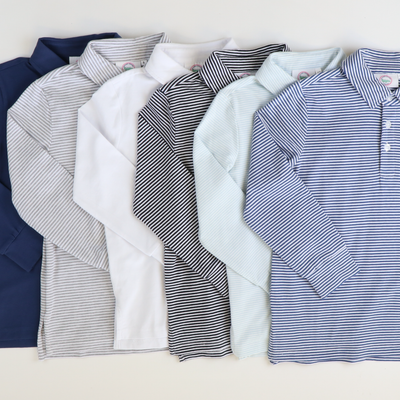 Boys Signature L/S Knit Polo - Gray & White Thin Stripe