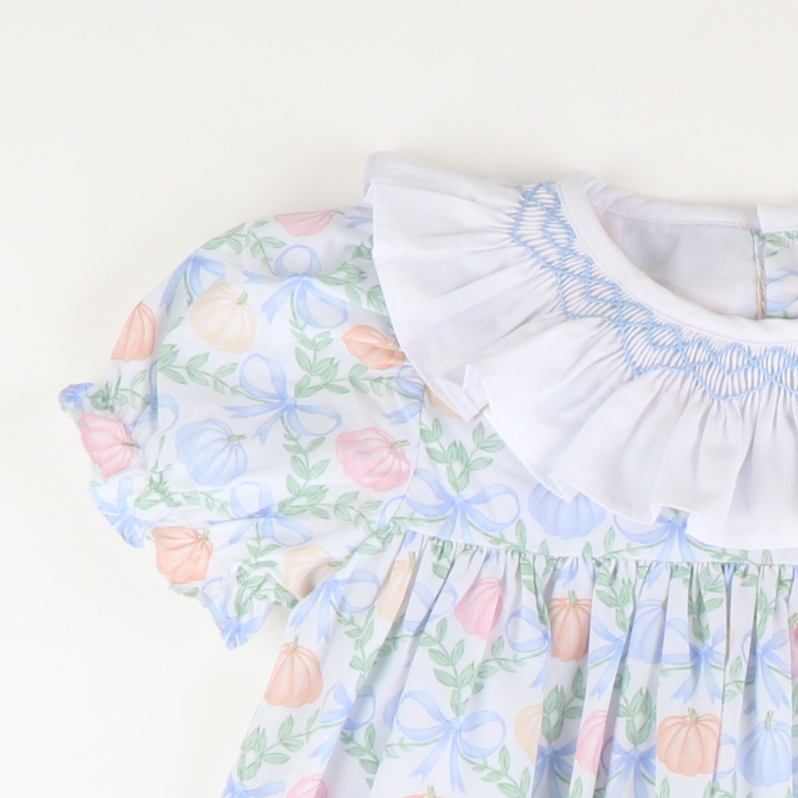 Smocked Ruffle Neck Dress- Pumpkin Blue Bow Trellis