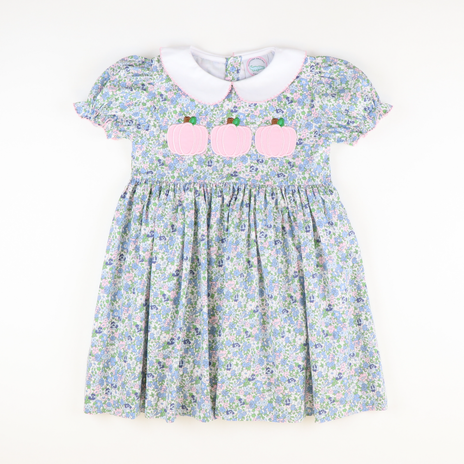 Pink Pumpkin Trio Appliqué Dress- Pink & Blue Floral