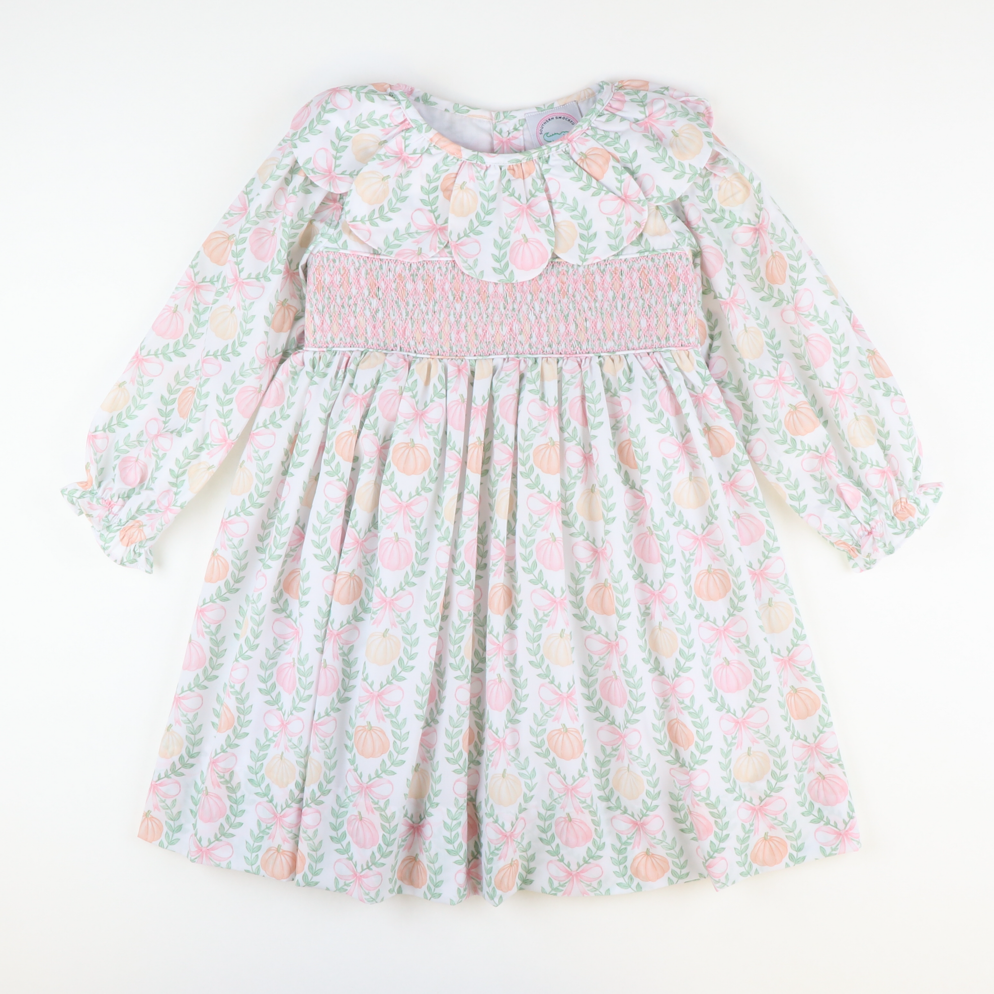 Petal Collar Smocked Dress- Pumpkin Pink Bow Trellis Petal Collar Smocked Dress- Pumpkin Pink Bow Trellis