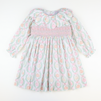 Petal Collar Smocked Dress- Pumpkin Pink Bow Trellis