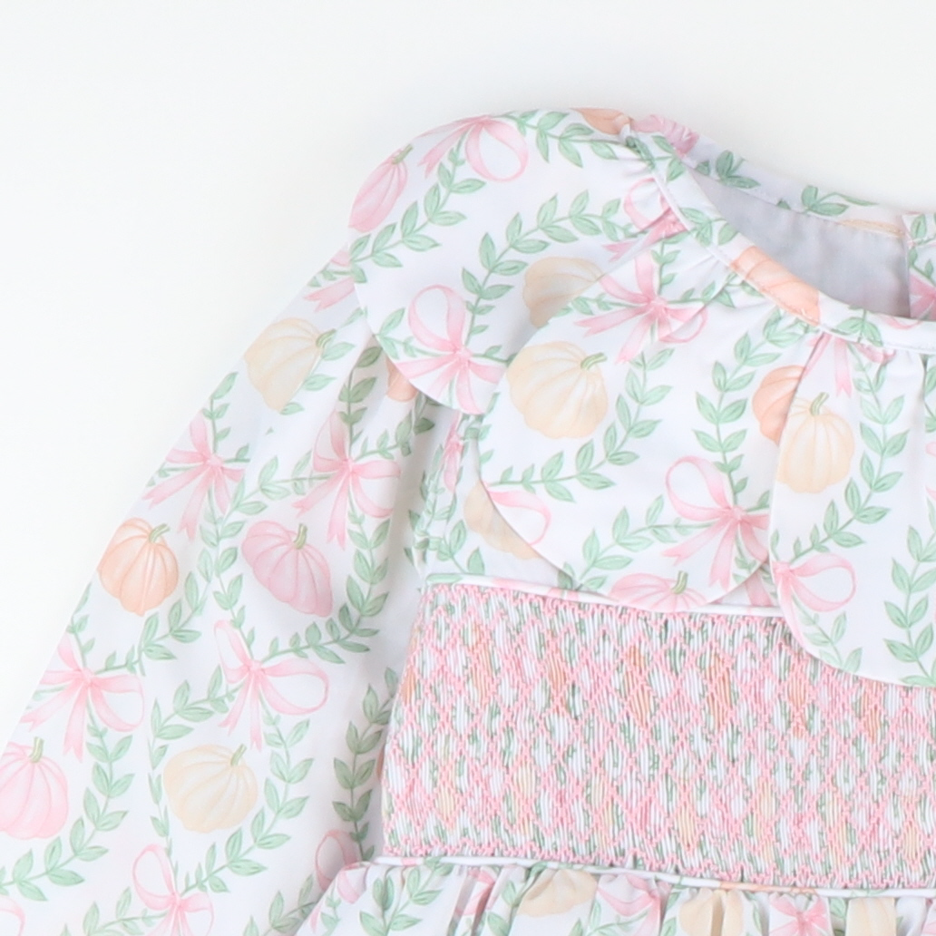 Petal Collar Smocked Girl Bubble - Pumpkin Pink Bow Trellis