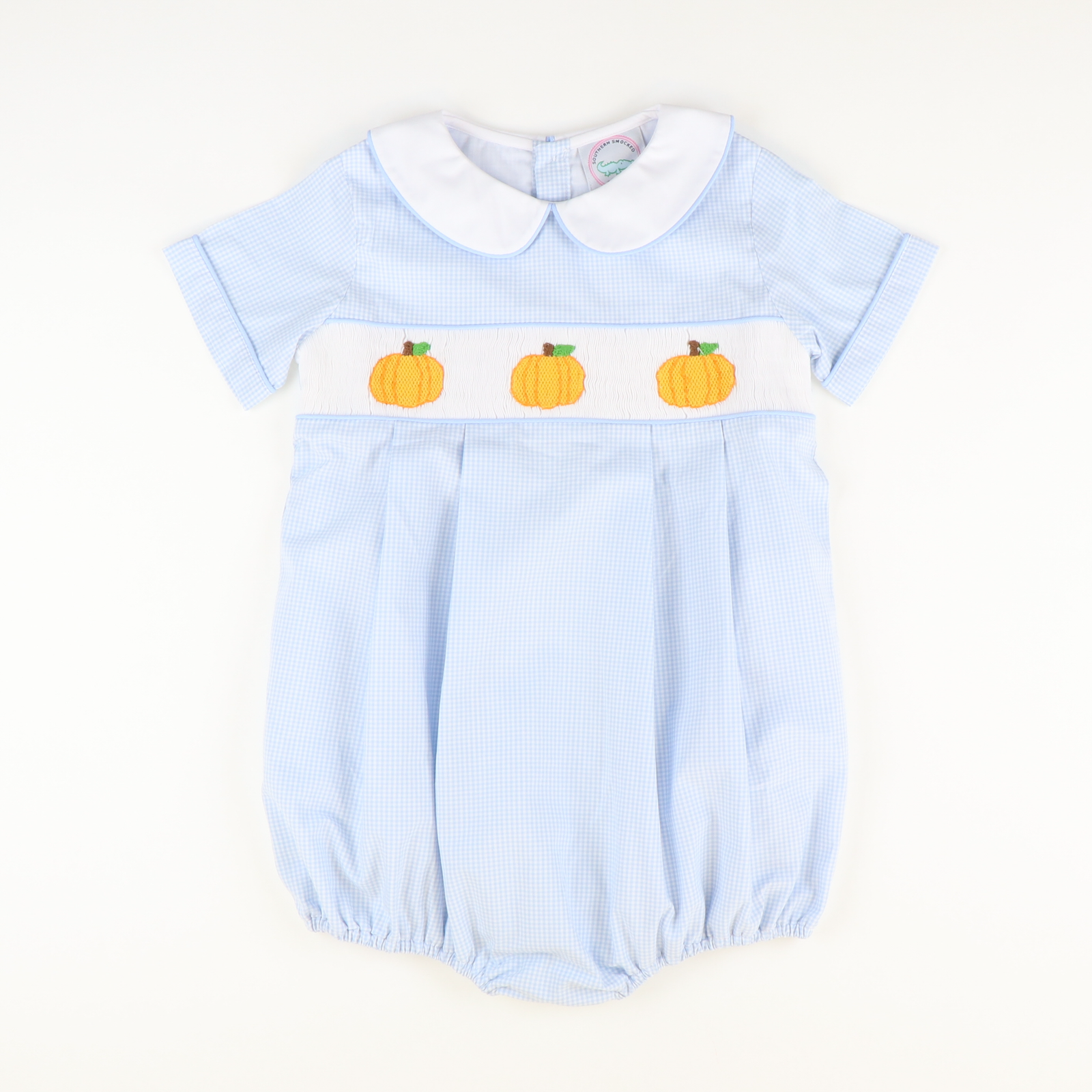 Smocked Pumpkins Collared Boy Bubble- Light Blue Check