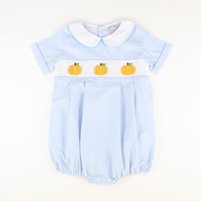 Smocked Pumpkins Collared Boy Bubble- Light Blue Check