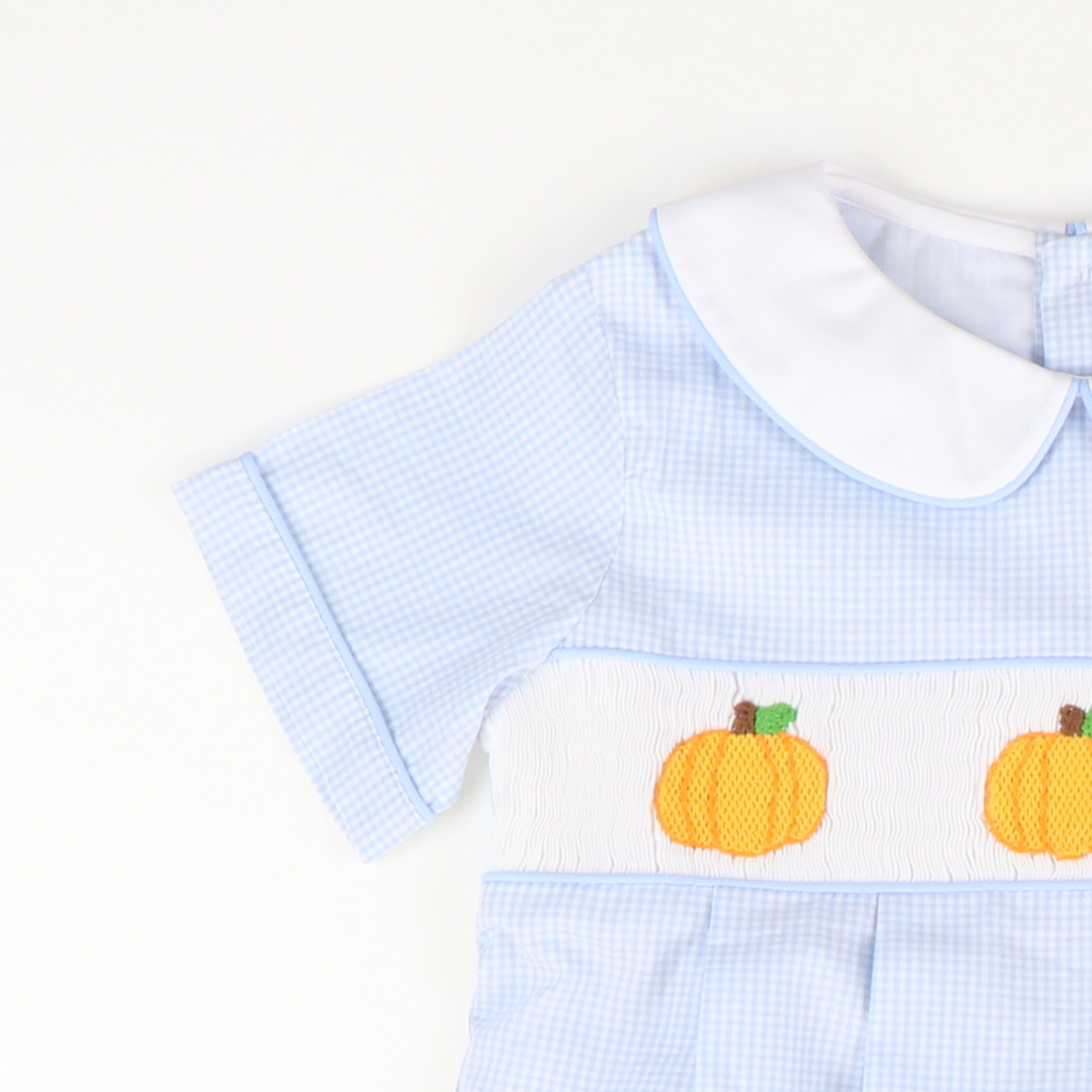 Smocked Pumpkins Collared Boy Bubble- Light Blue Check