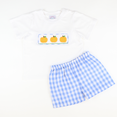Smocked Pumpkins Boys Shirt & Short Set- Light Blue Check