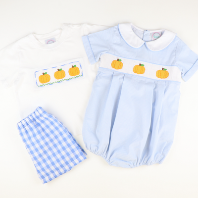 Smocked Pumpkins Boys Shirt & Short Set- Light Blue Check