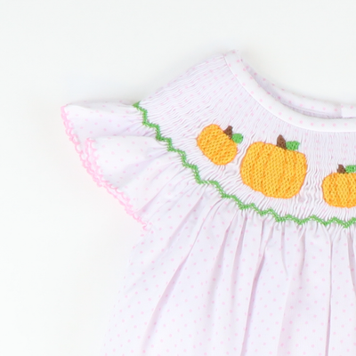 Smocked Pumpkin Patch Girl Bubble - Light Pink Dots