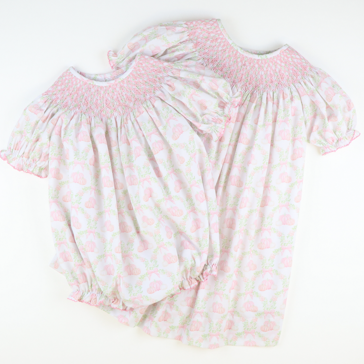 Smocked Geo Girl Bubble - Pumpkin Lattice