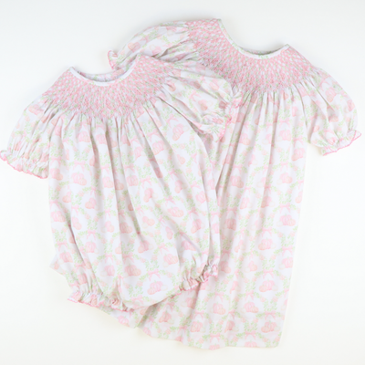 Smocked Geo Girl Bubble - Pumpkin Lattice