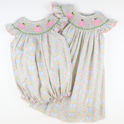 Smocked Pink Pumpkins Bishop - Pumpkins & Vines - Stellybelly