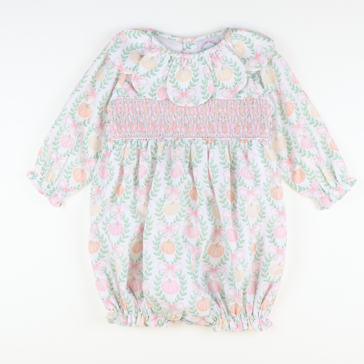 Petal Collar Smocked Girl Bubble - Pumpkin Pink Bow Trellis