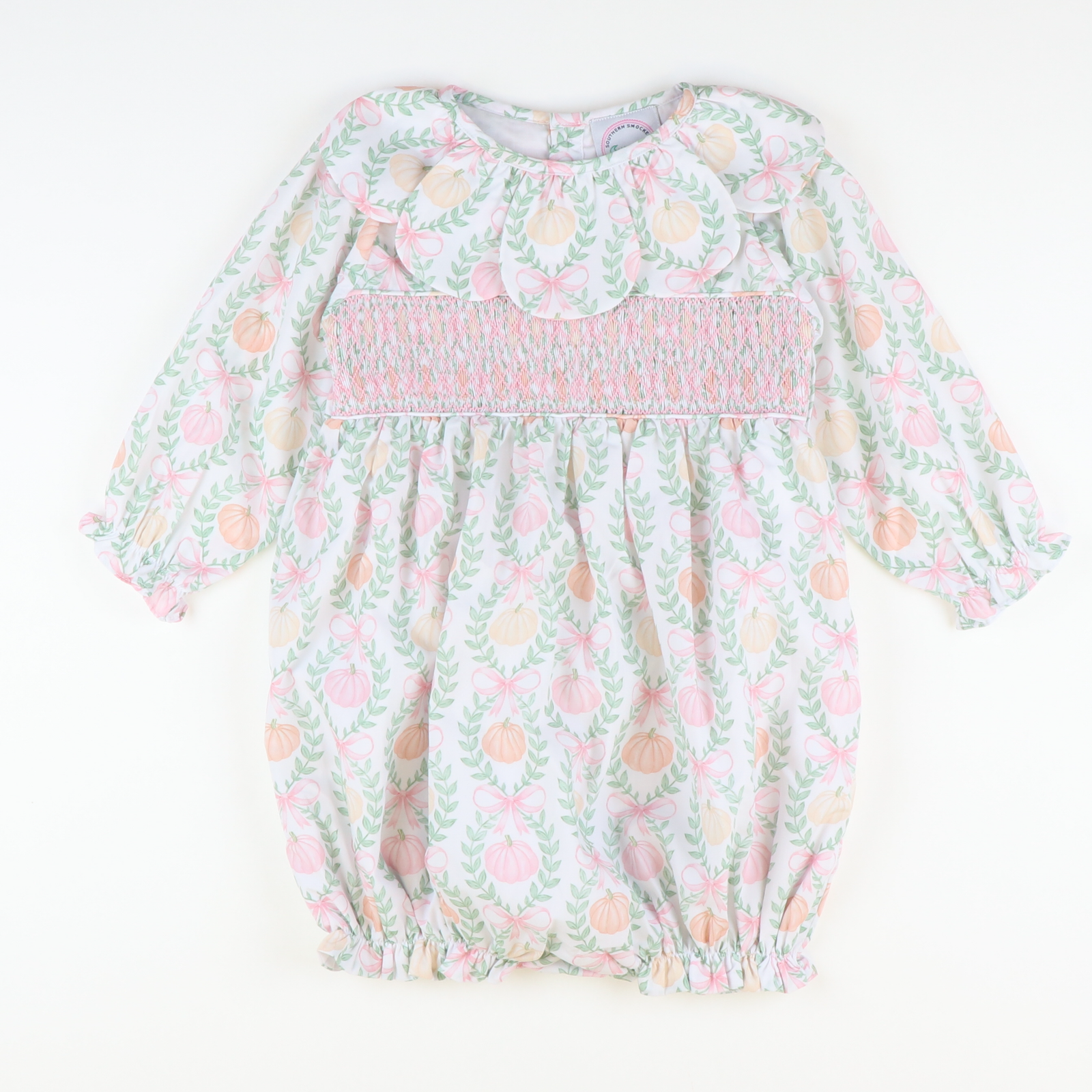 Petal Collar Smocked Girl Bubble - Pumpkin Pink Bow Trellis