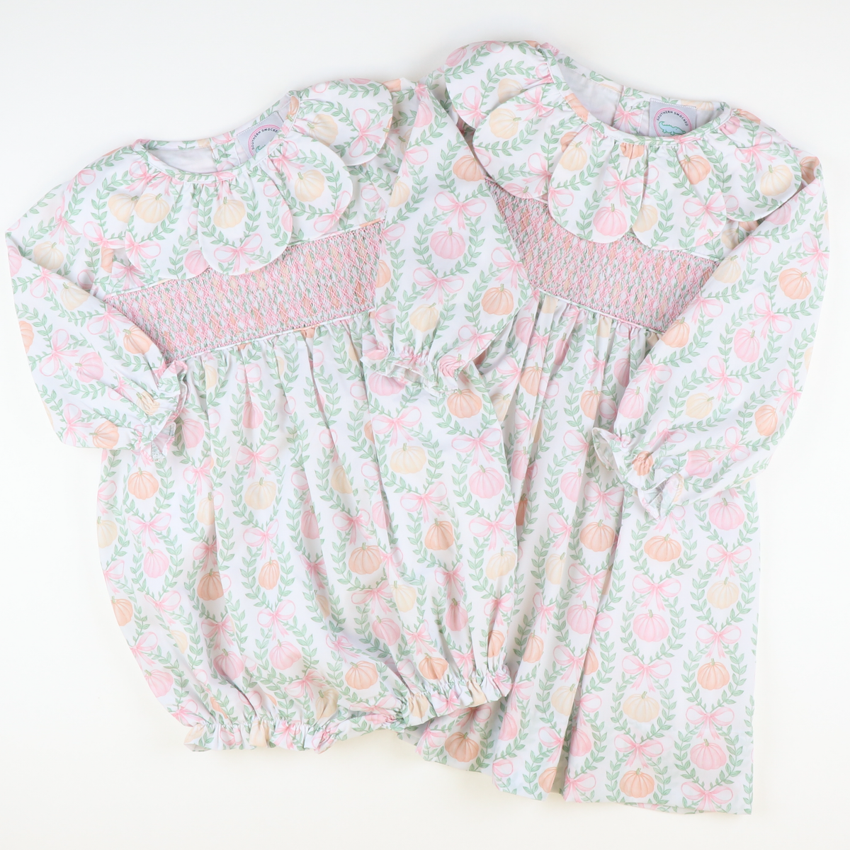 Petal Collar Smocked Girl Bubble - Pumpkin Pink Bow Trellis