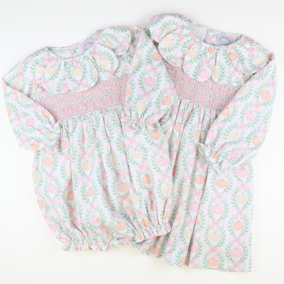 Petal Collar Smocked Girl Bubble - Pumpkin Pink Bow Trellis